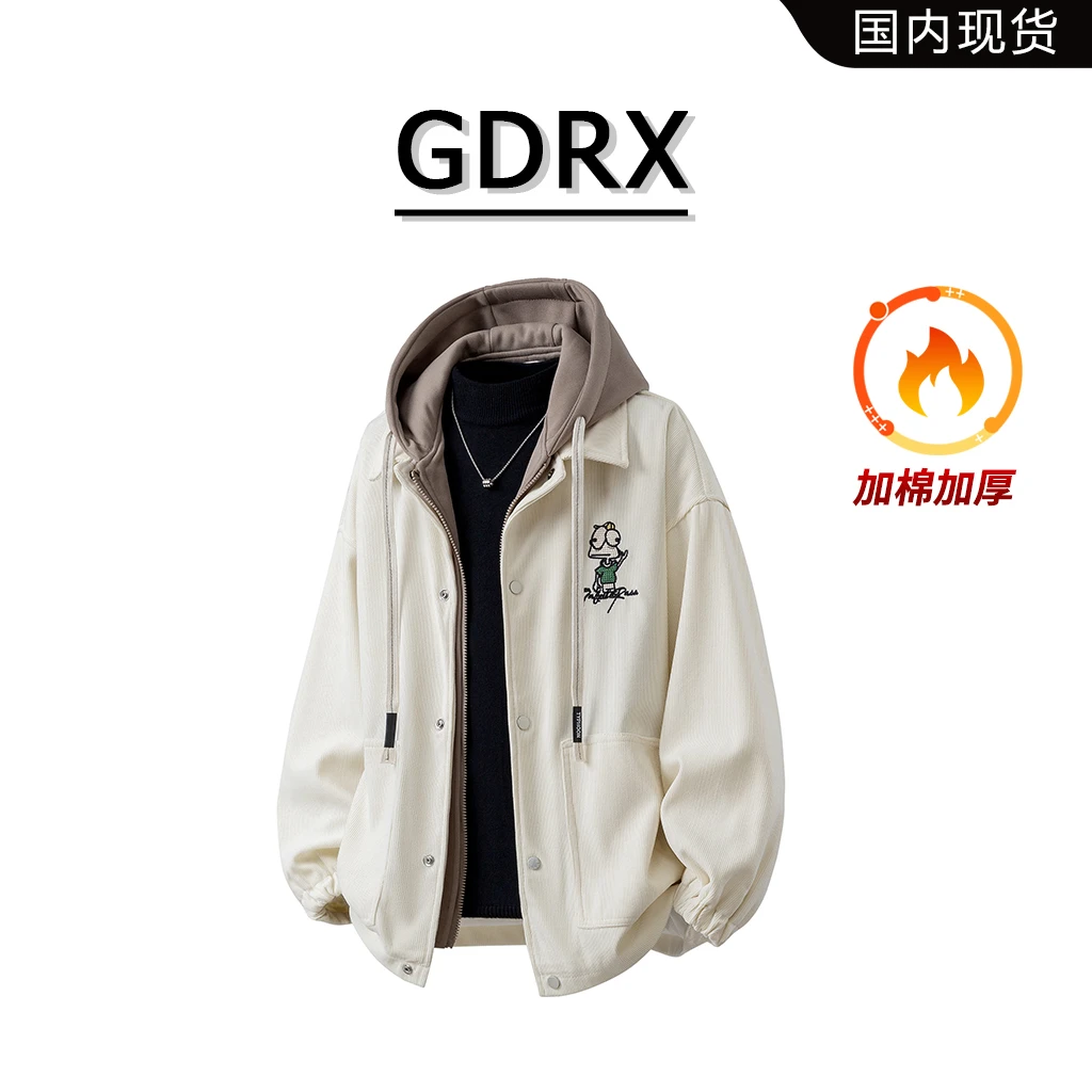 GDRX美式轻奢假两件棉服男2025冬季新款潮流加休闲厚棉衣外套男