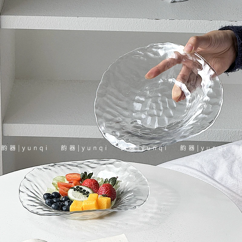 韵器ins创意荷叶水果盘蔬菜沙拉玻璃碗家用盘碗高级感零食坚果盘