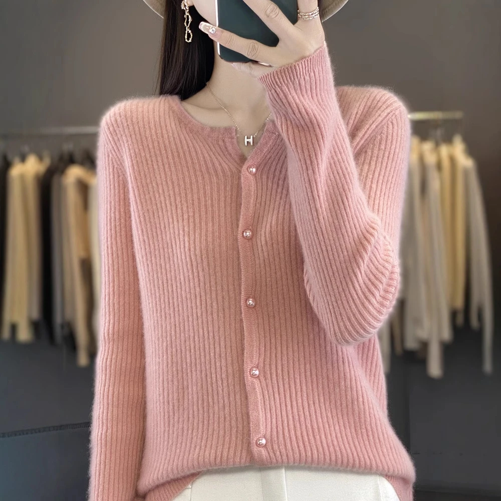 新款针织外套女宽松显瘦百搭上衣V领坑条羊毛衫