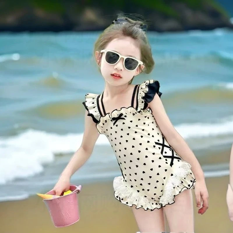 女童连体泳衣儿童夏装2025款洋气游装蝴蝶结甜美爱心时髦速干泳衣