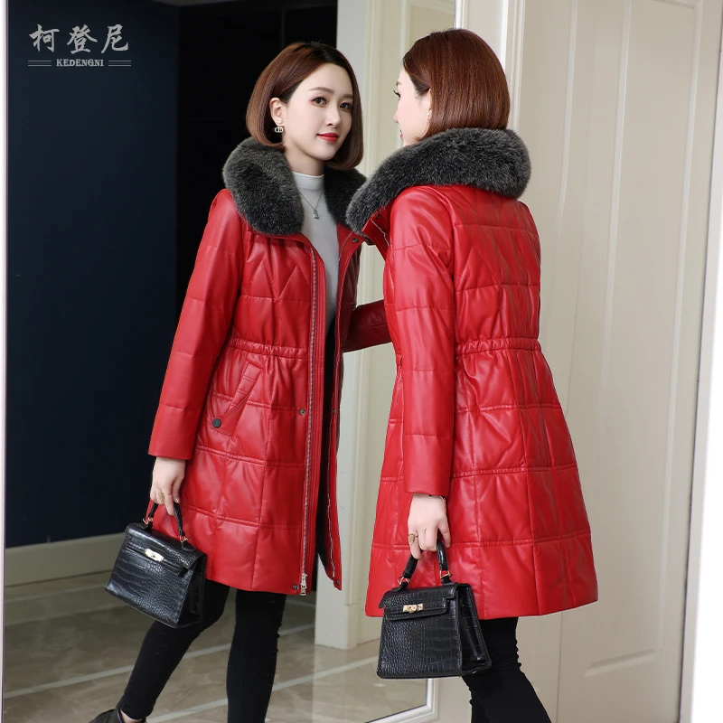 真皮皮衣女中长款羽绒服头层绵羊皮2025冬新款修身毛领可拆卸外套