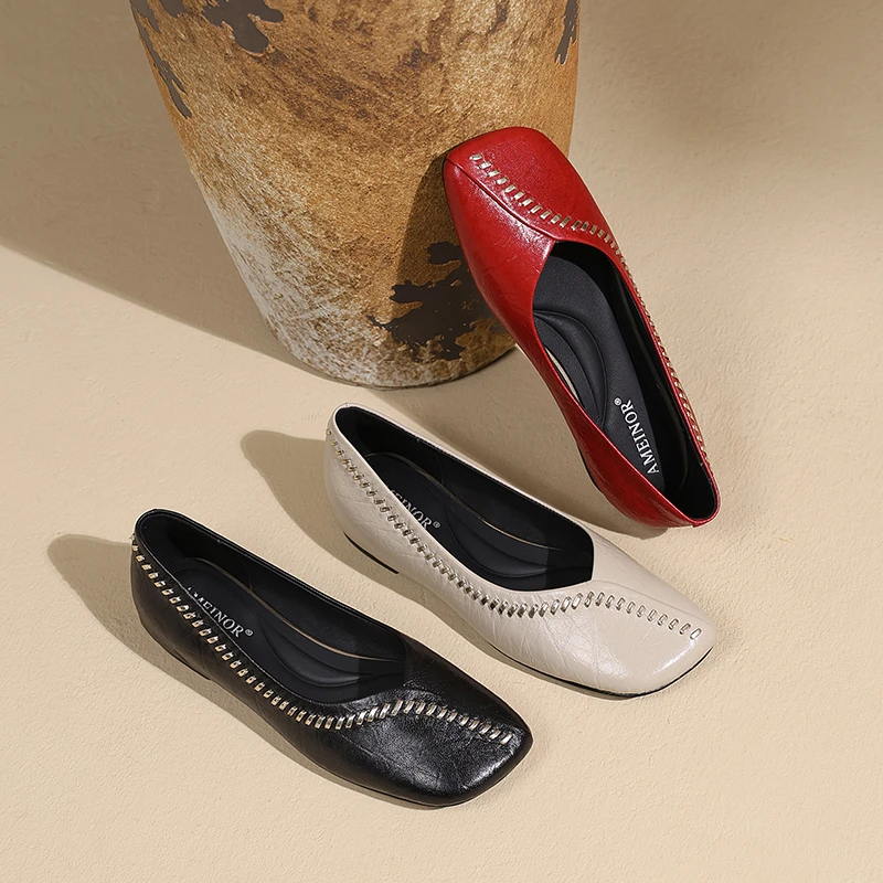 AMEINOR2025夏季新款简约时尚风独特尽显魅力真皮女士平底鞋0025