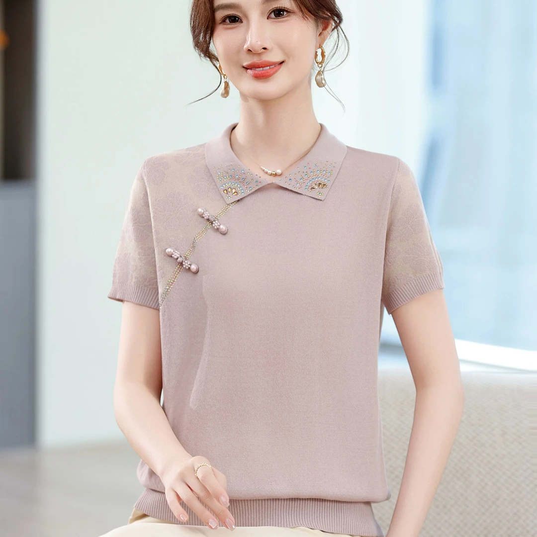 妈妈夏装短袖冰丝翻领上衣2025新款中老年针织T恤女洋气宽松小衫