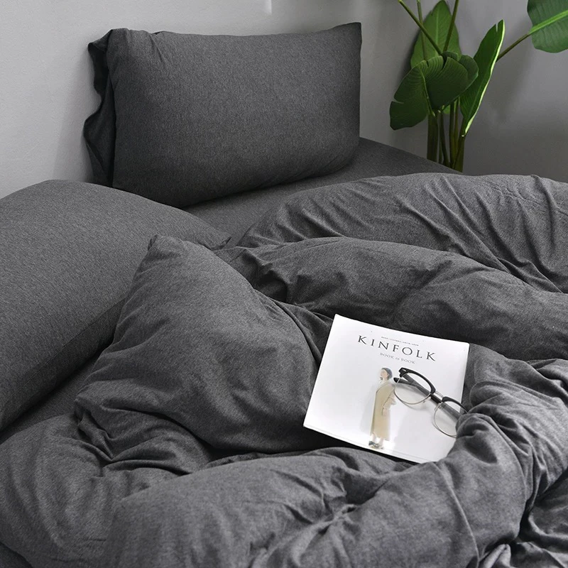 纯棉天竺棉纯色裸睡超柔彩棉碳灰四件套2*2.3米儿童双人北欧风