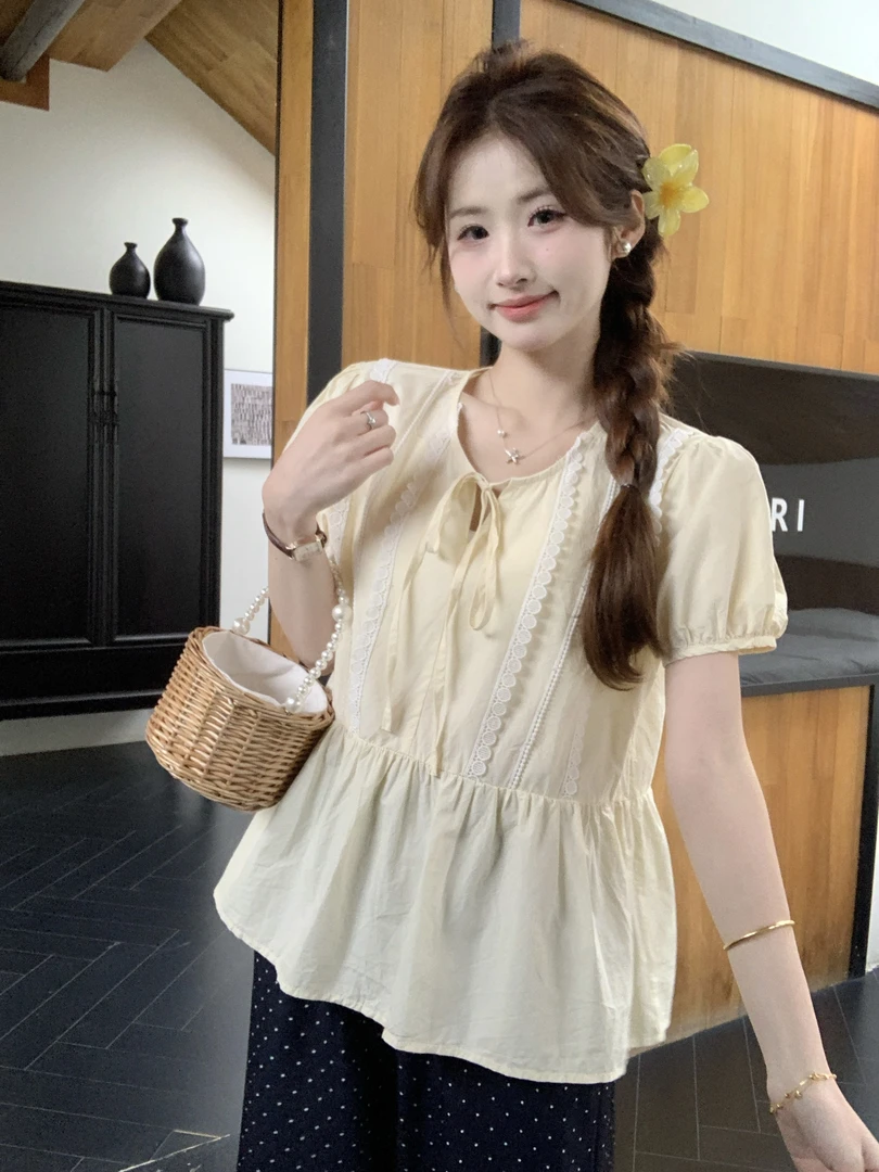 大码法式蕾丝短袖衬衫女夏季时尚刺绣娃娃衫衬衣胖MM遮肉显瘦上衣