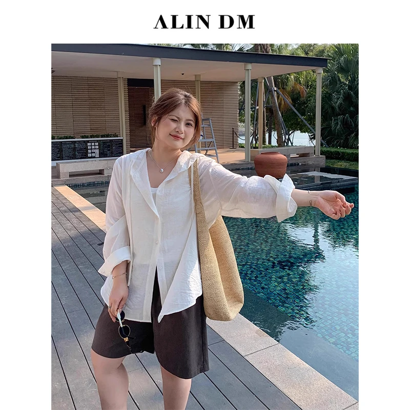 【ALINDM年中大清仓】大码微胖休闲纸感轻薄防晒连帽衬衫 AG7444