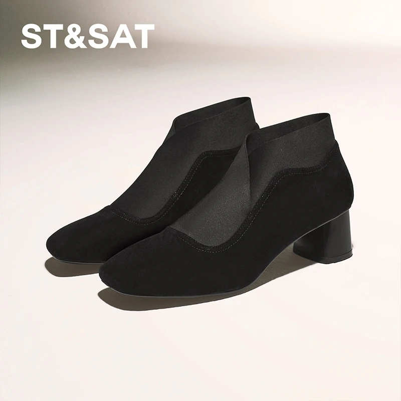 星期六24冬新舒适简约方头素面弹力中粗跟踝靴SSC4116223后妈鞋子