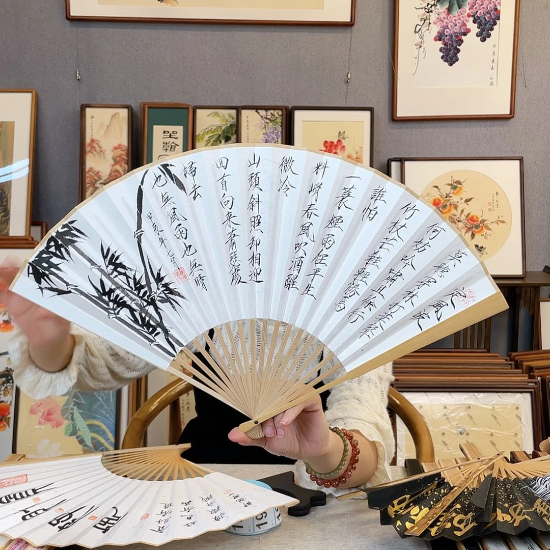 书法95寸玉竹-纯手绘-文玩扇骨（默认粘好）