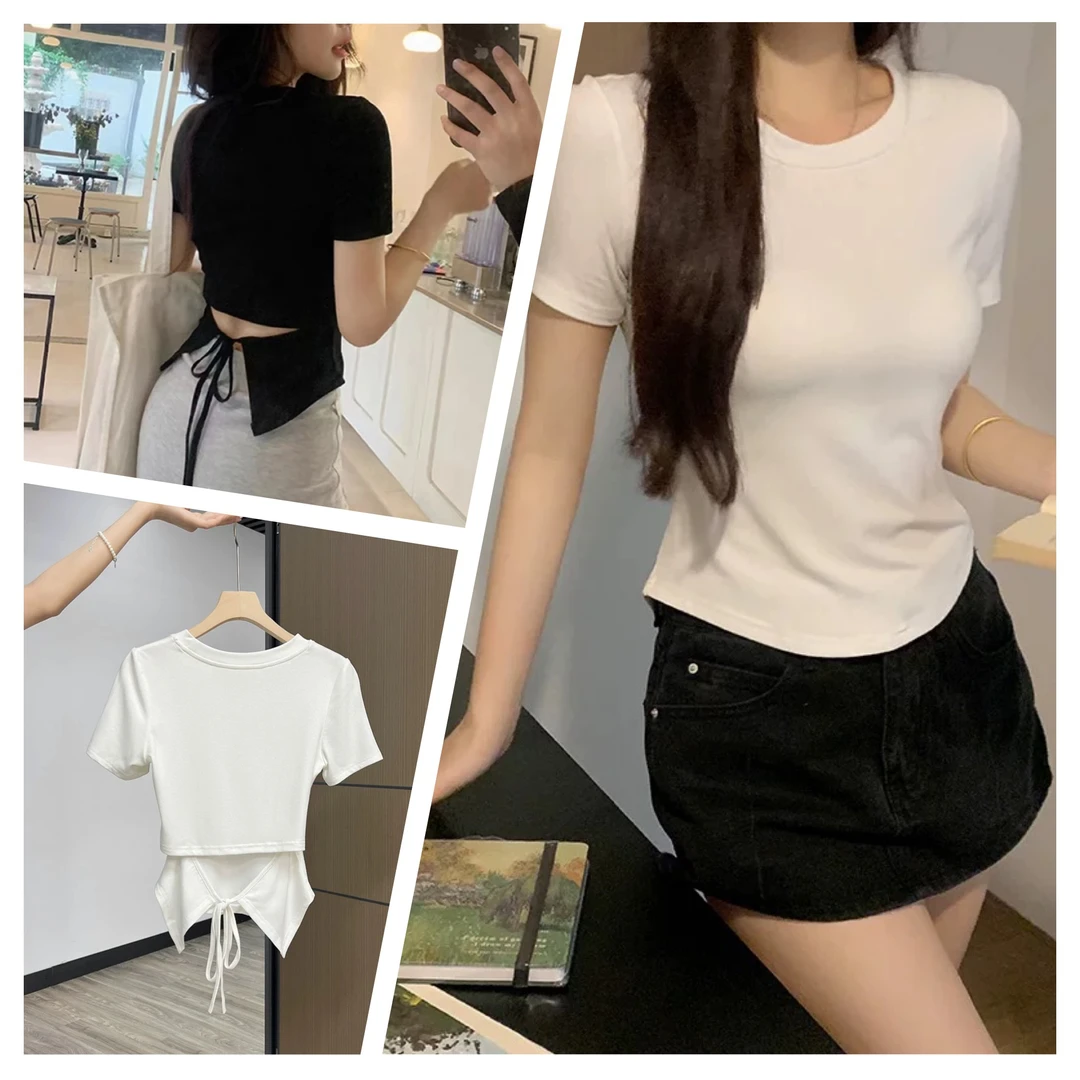 T恤紧身ins短袖耐磨正肩不露肚子收腰t恤辣妹开叉打底衫短款