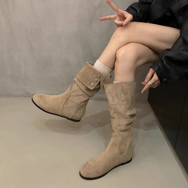 复古堆堆靴2025秋季新款圆头褶皱两穿翻折西部牛仔靴内增高长筒靴