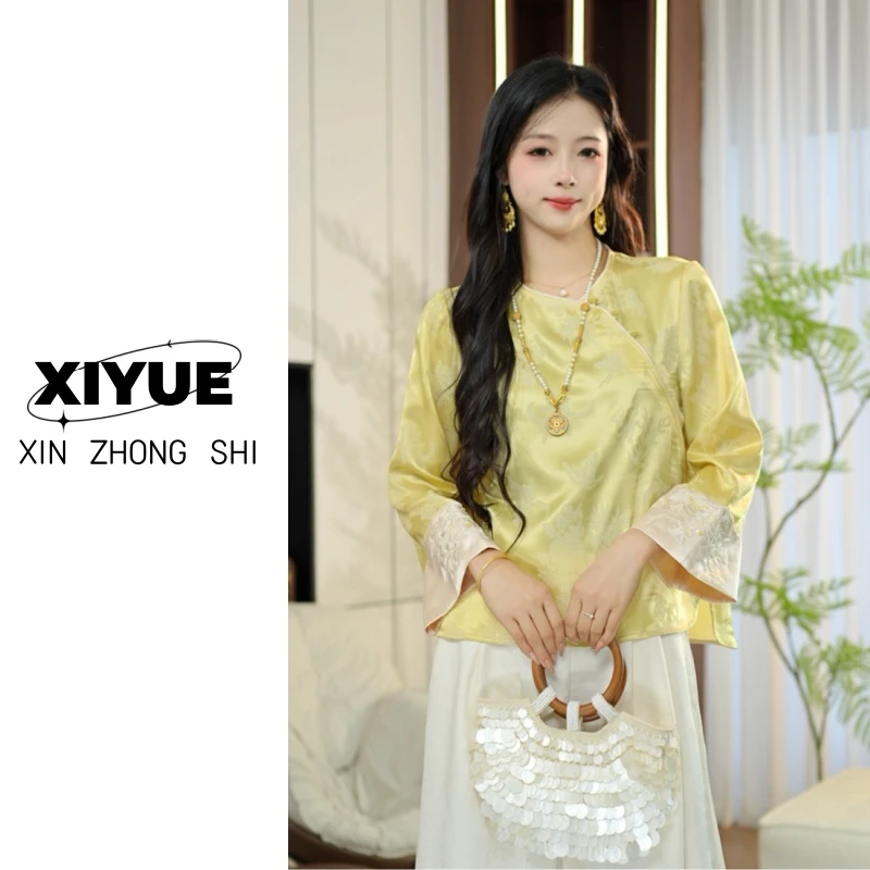 【婉玉】新中式国风缎面提花女高级感斜襟盘扣拼接袖口刺绣小衫女