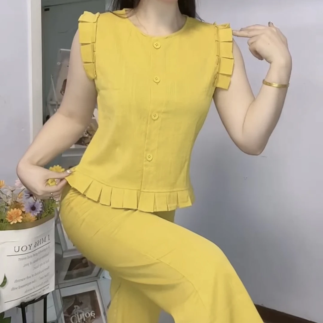 夏季新款木耳边无袖上衣搭配高腰阔腿裤时尚洋气显瘦套装