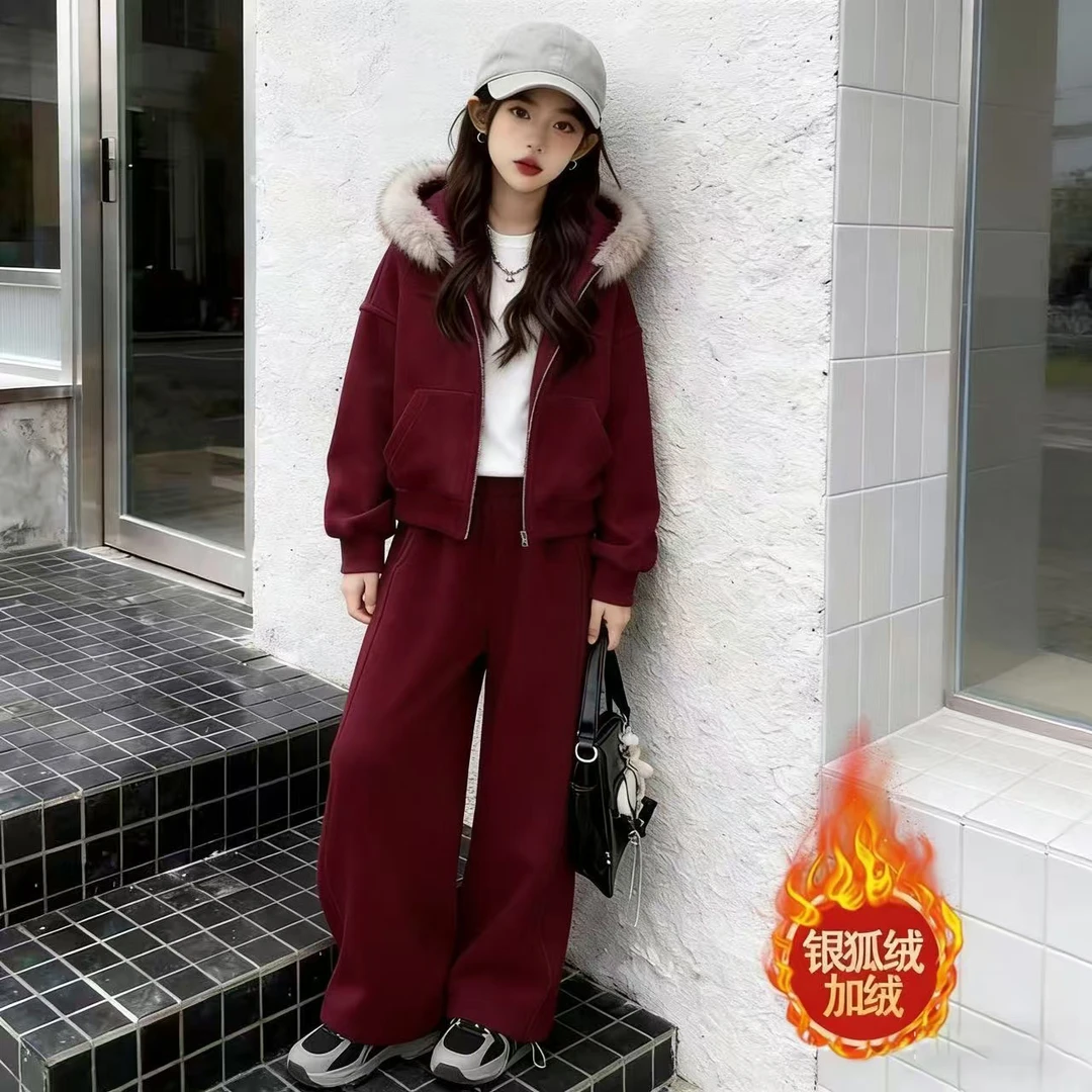 休闲冬季女童红色加绒卫衣套装显瘦连帽卫衣百搭宽松加厚拜年服