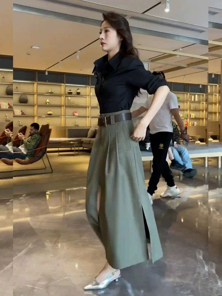 开春御姐穿搭套装洋气通勤裙子长袖衬衫设计感开叉半身裙女两件套