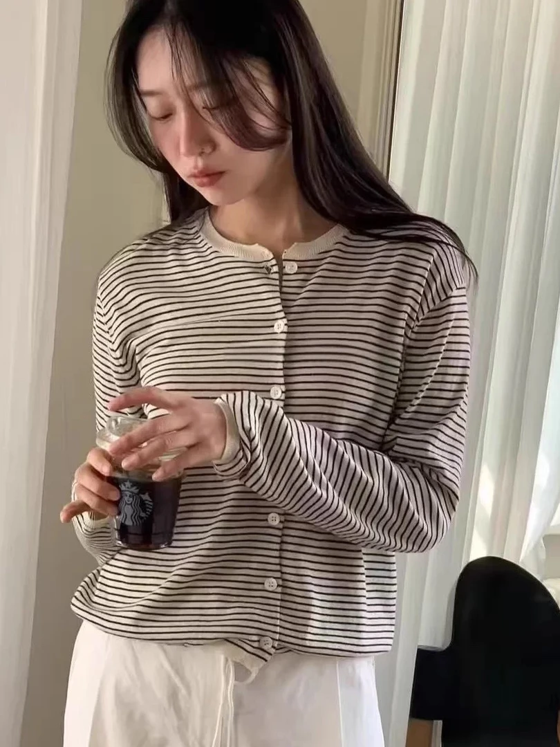 【粉风】东大门. jinsim复古通勤感条纹撞色简约开衫