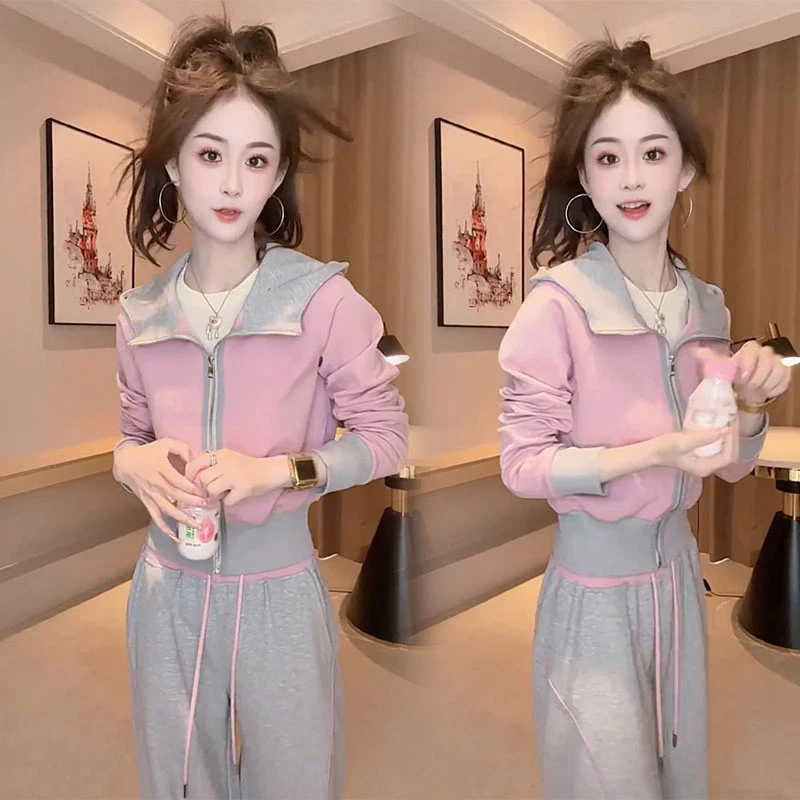 2025年秋季撞色收腰连帽长袖外套高腰垂感休闲裤子网红款两件套装