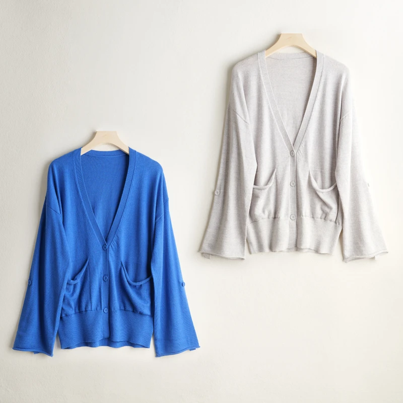 【清仓专享】羊毛衫女士长袖针织衫春卷边外贸尾单口袋纯色开衫