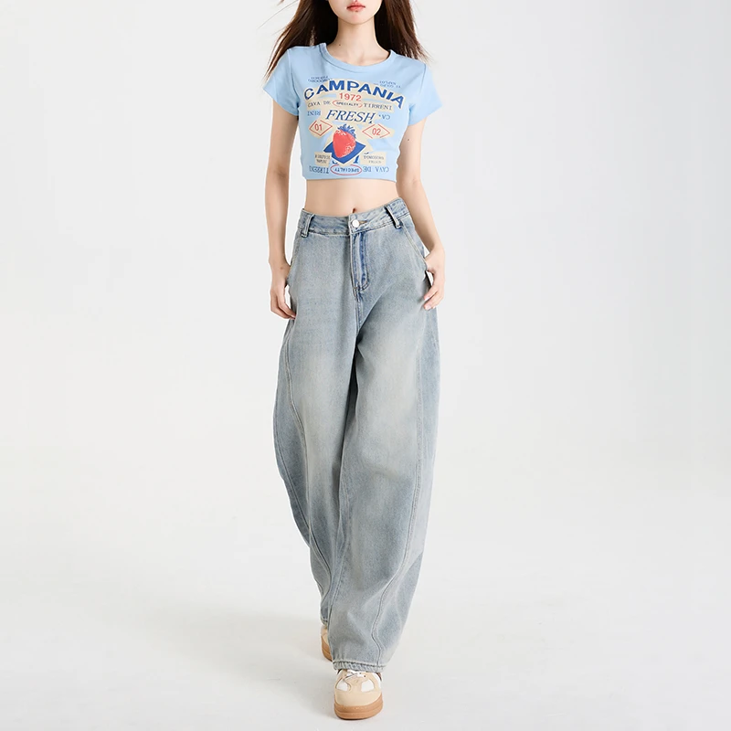浅色弯刀牛仔裤女2025春季新款宽松高腰显瘦爆款复古镰刀裤阔腿裤