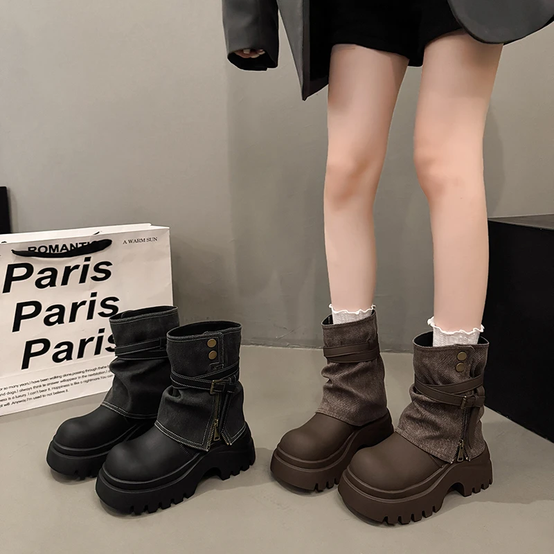 增高7cm厚底裤管靴秋季新款复古小个子增高英伦风马丁靴堆堆靴女