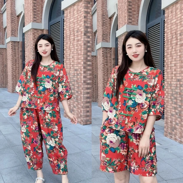 新中式中年妈妈时尚套装夏七分袖休闲海边旅游度假两件套