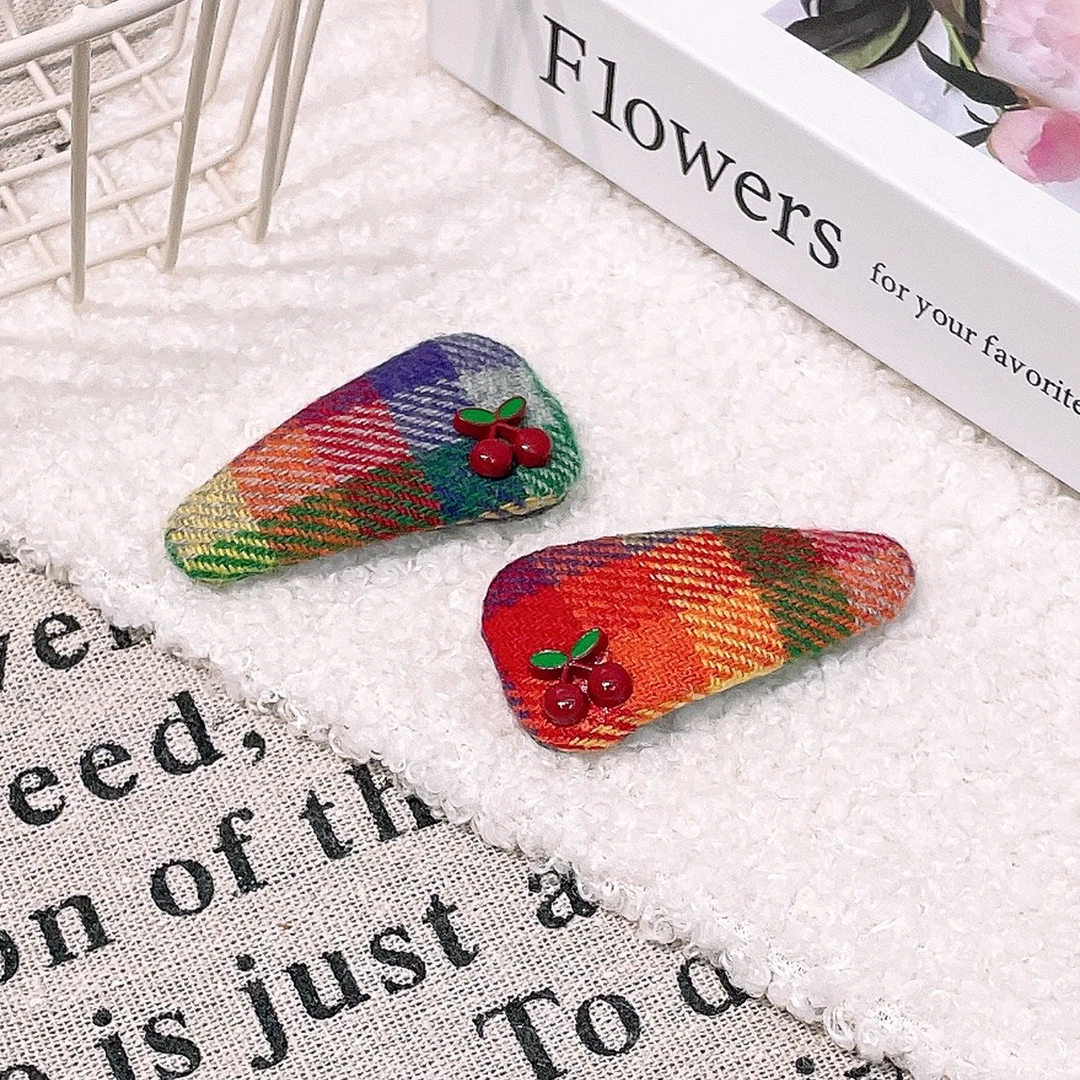 A-5681 dl  1对彩色布艺格子樱桃粉猫儿童百搭额前刘海掰掰  发圈