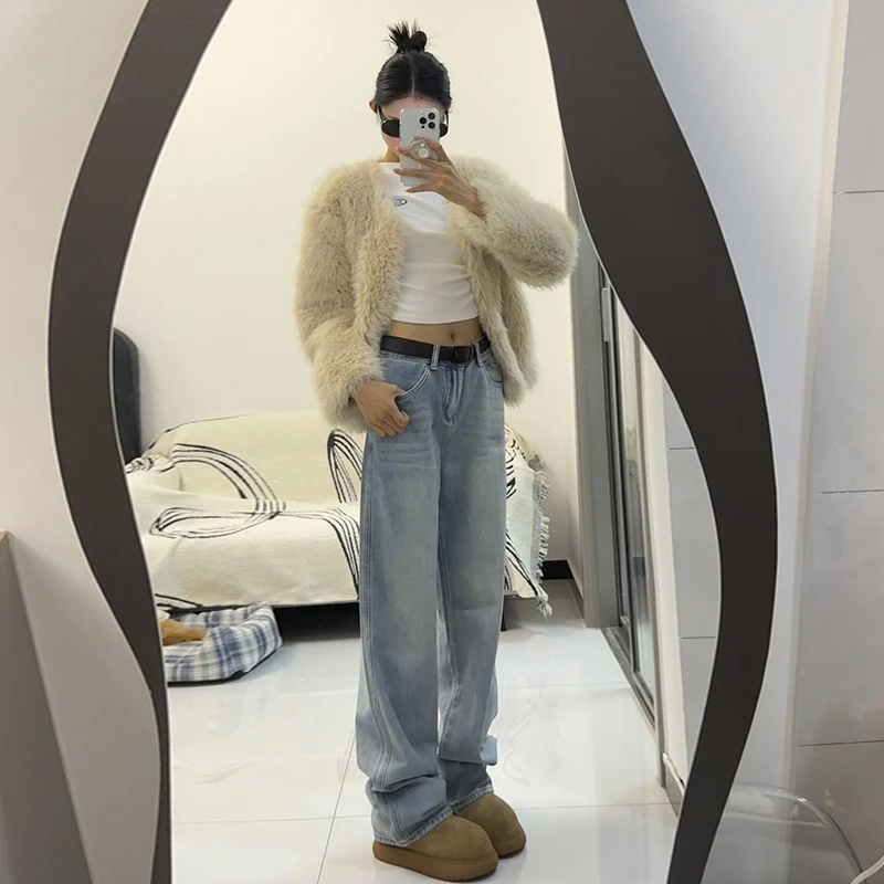 裤长115cm 秋冬加绒高腰阔腿窄版牛仔裤女宽松显瘦直筒高个子裤子