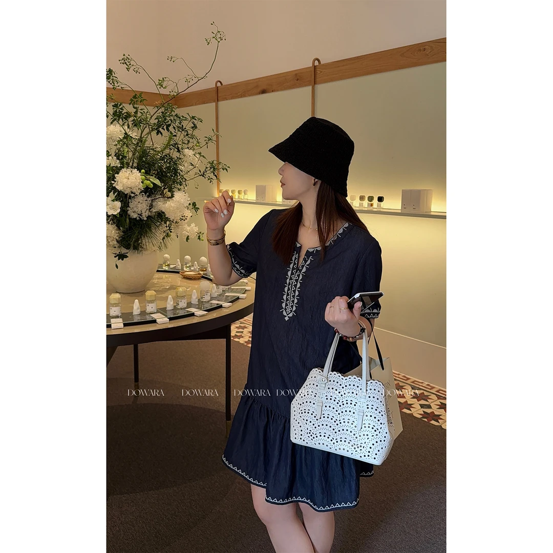 现货大婉酱微胖定制【丹宁波米】老钱风短袖连衣裙夏显瘦A字裙8793D