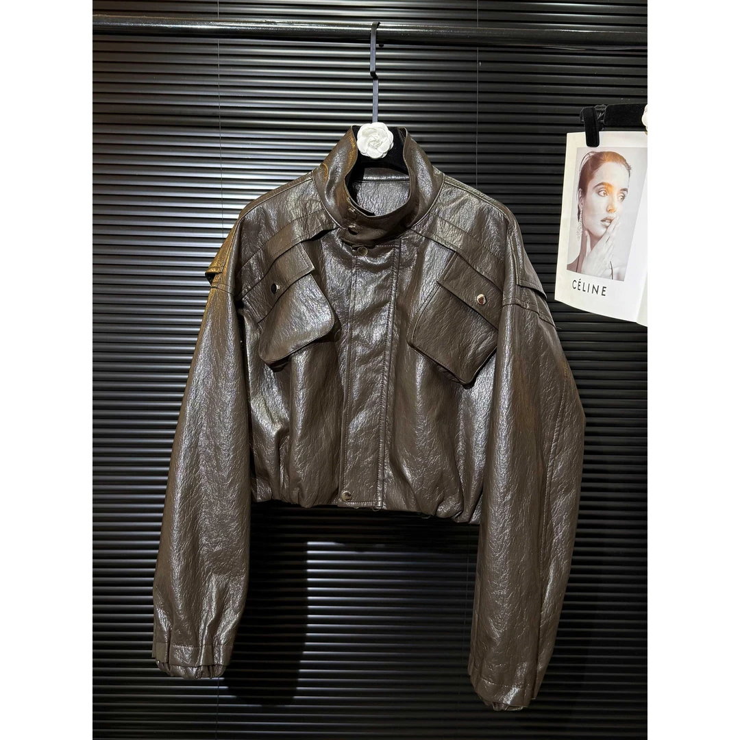 网红同款超软蛋白皮工装斜口袋桔色皮衣外套女秋冬季加加厚夹克