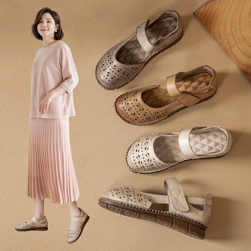 夏季妈妈鞋凉鞋真皮软底舒适老人奶奶平底洞洞鞋中老年女外穿单鞋