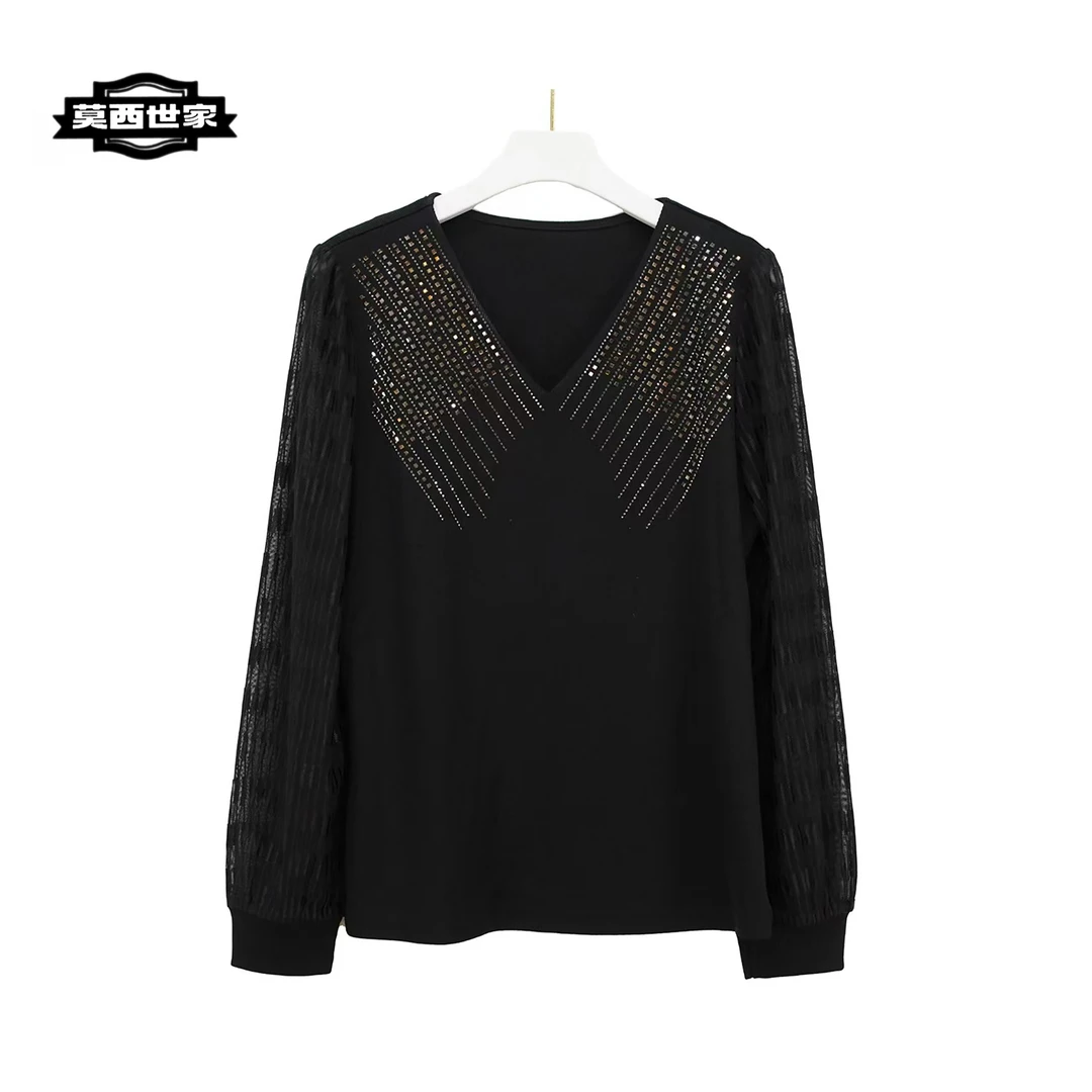 X61040【苏琳琳】黑色V领烫钻蕾丝拼接袖气质显瘦上衣