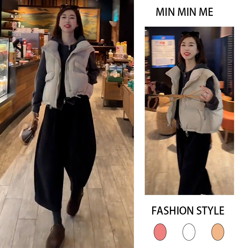 韩版法式小个子通勤风无袖马甲秋冬季新款内搭打底衫休闲裤三件套