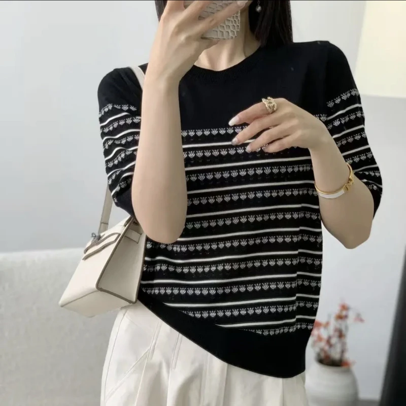 2025夏薄款天丝莱塞尔针织衫女草莓镂空提花圆领中袖T恤显瘦上衣