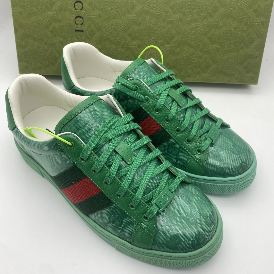 未使用 GUCCI/古驰 40.5欧码/绿色ACE亮面老花时尚板鞋/全套