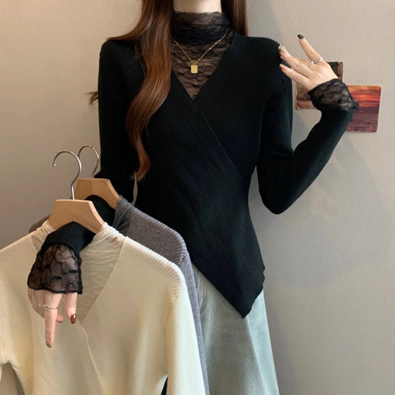 蕾丝V领交叉不对称下摆收腰套头长袖针织衫小众大码胖MM秋冬新款