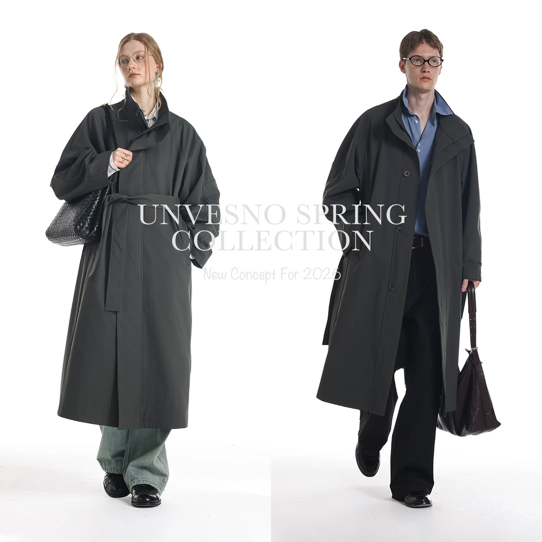 【极简直线结构】Unvesno(UN)沉墨灰老钱Row风廓形立领男女风衣夹克