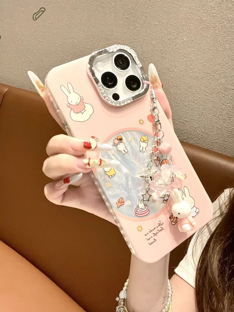 卡通可爱米菲兔点钻羽纱壳适用苹果16/15/14/13防摔手机壳