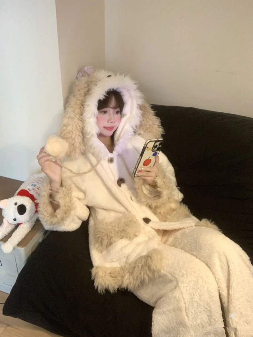 明星同款小狗斗篷睡衣套装女可爱卡通小狗睡袍宽松舒适家居服