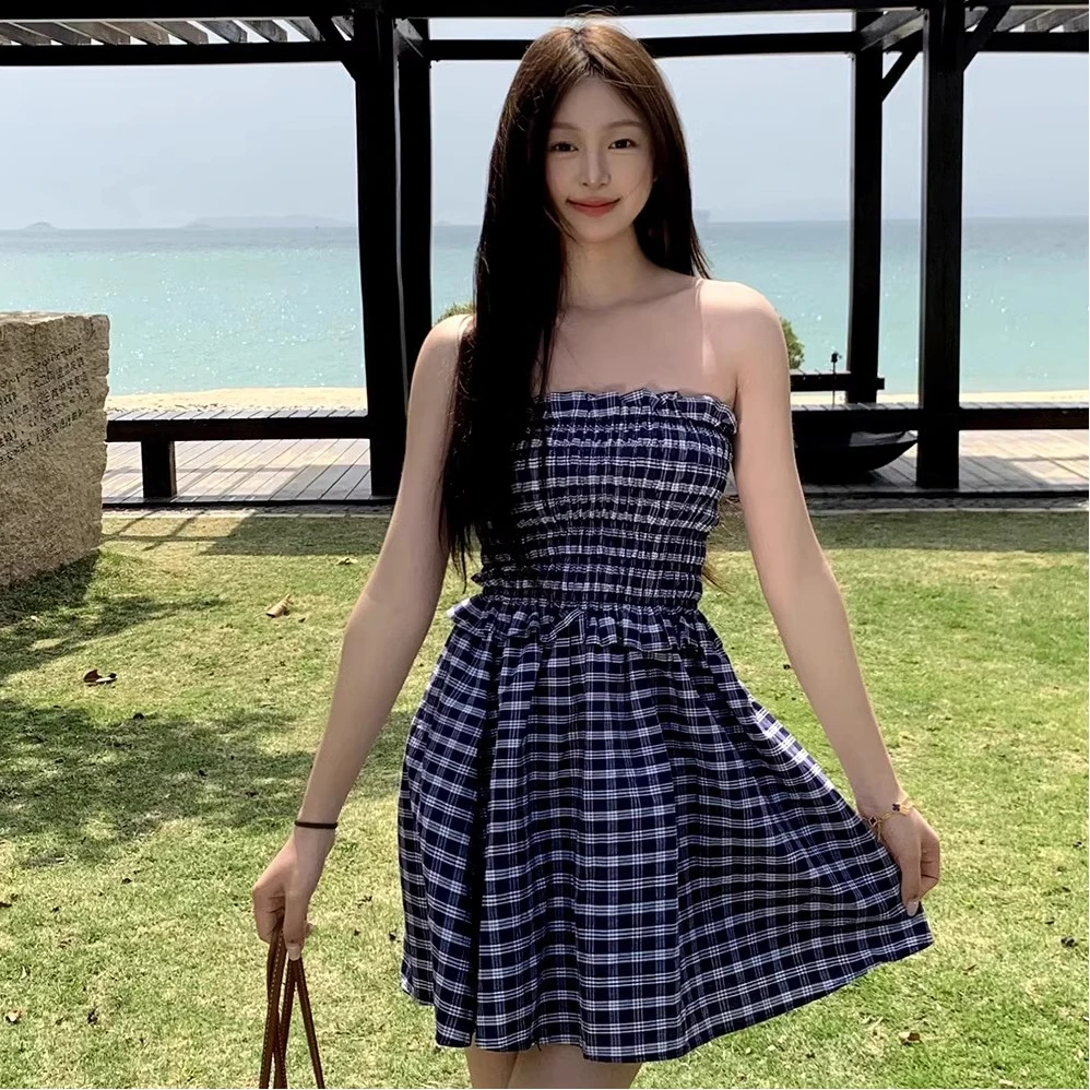 甜辣妹格纹连衣裙女夏季高腰时尚气质设计感两穿半身裙A字短裙潮