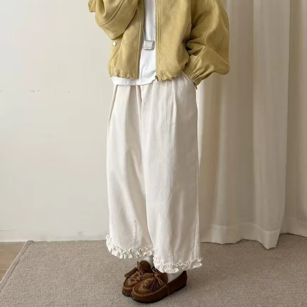 韩系木耳花边灯芯绒休闲直筒裤女松弛感松紧高腰宽松九分阔腿裤子