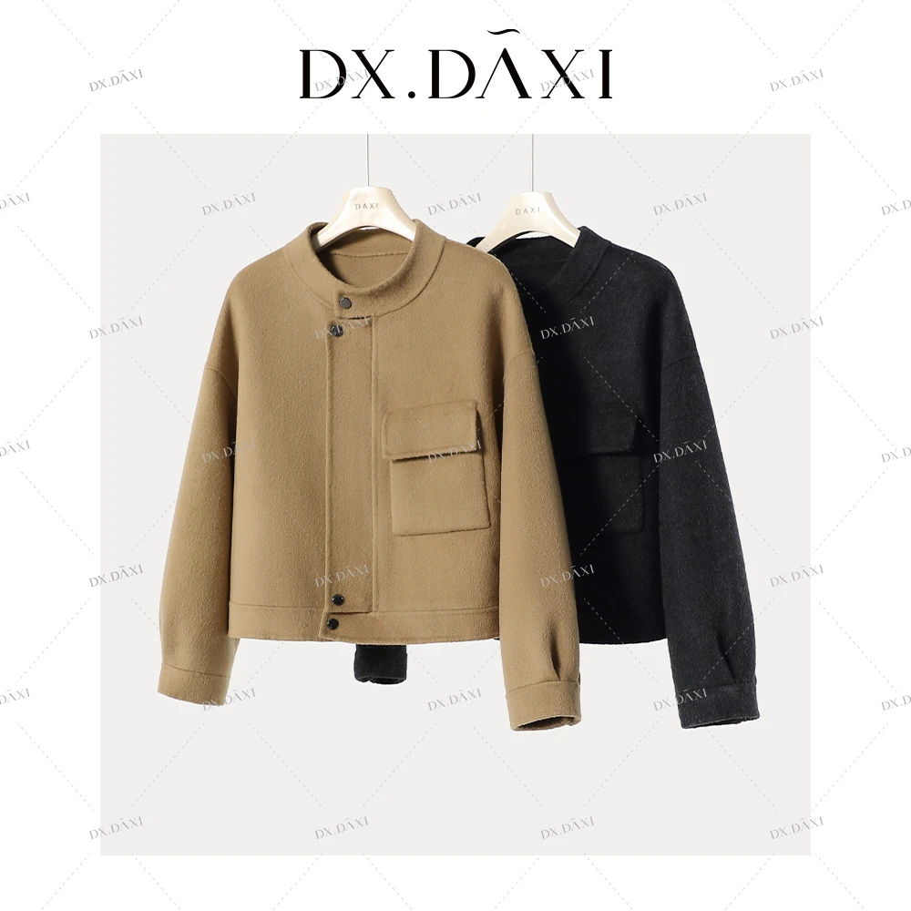 DX.DAXI【松茶黑咖】机车风拉链式双面羊毛混纺大衣短款小个子外套