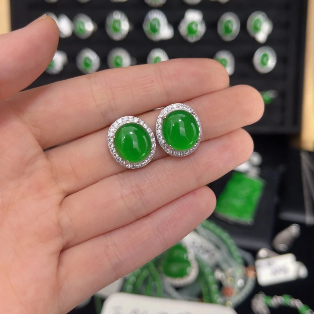 翡翠戒指银S925镶嵌蛋面耳钉