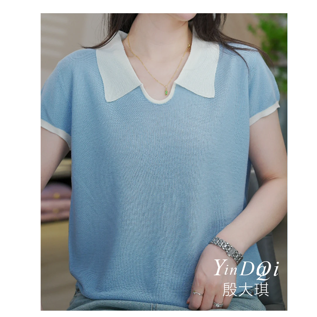 水滴领~拼色设计 显瘦百搭针织衫轻薄透气上衣女