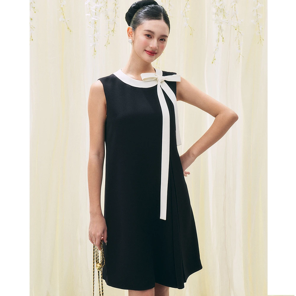 春夏新款法式复古背心内搭连衣裙高级感长裙千金风蝴蝶结小黑裙女