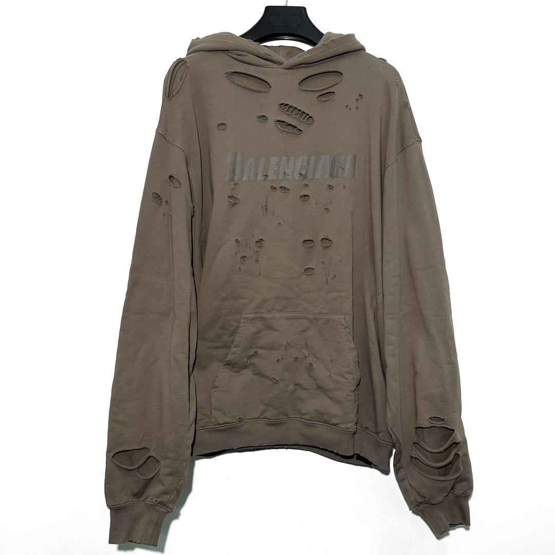 未使用 Balenciaga/巴黎世家 XXS码 经典logo棕色破坏卫衣 0733