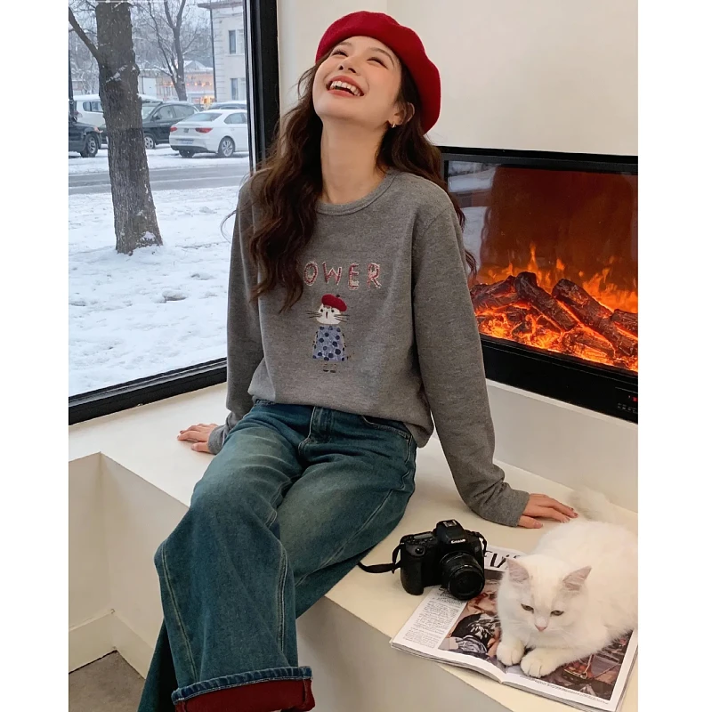 韩国卡通小猫薄绒磨毛圆领长袖T恤女秋冬新款短款打底内搭上衣潮