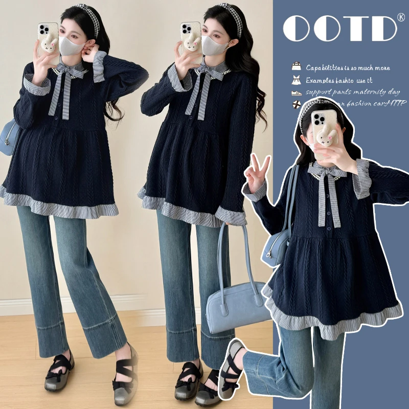 孕妇装秋冬针织衫娃娃衫蕾丝春秋长袖洋气宽松甜美娃娃领上衣