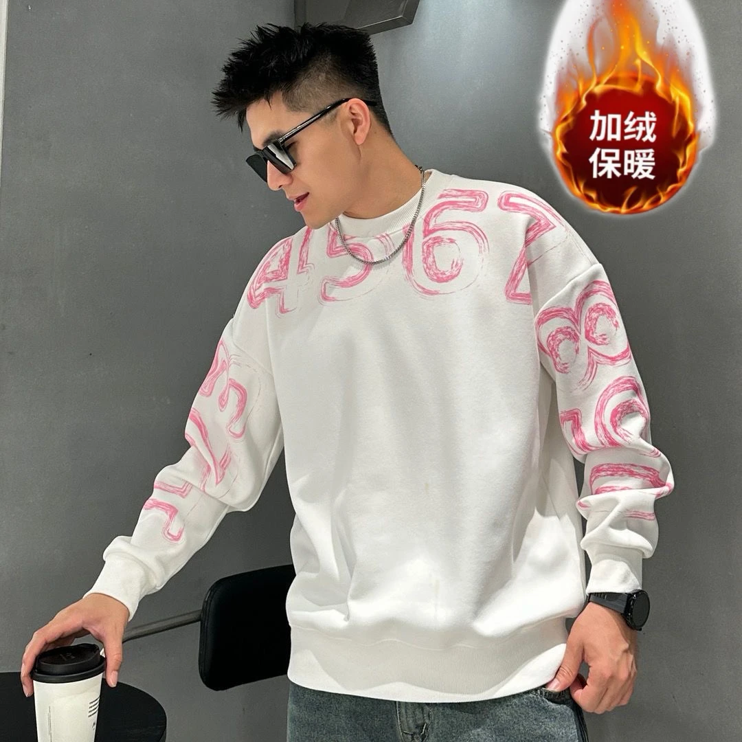 2025新款秋冬加绒时尚卫衣男士重磅高级感百搭休闲套头加厚卫衣潮