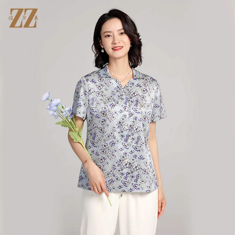 夏季新款气质桑蚕丝真丝小碎花短袖衬衣洋气女E22CS42