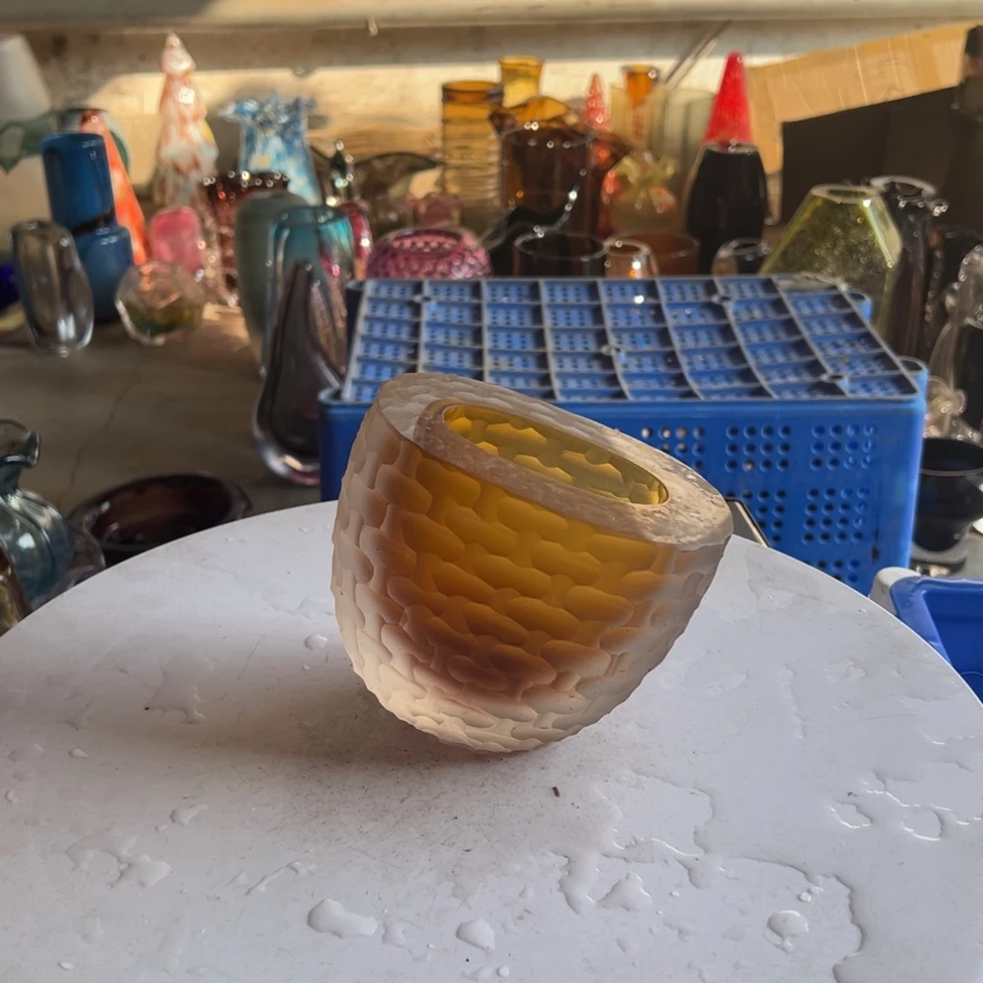 琥珀刻磨高度14琉璃花器摆件成品