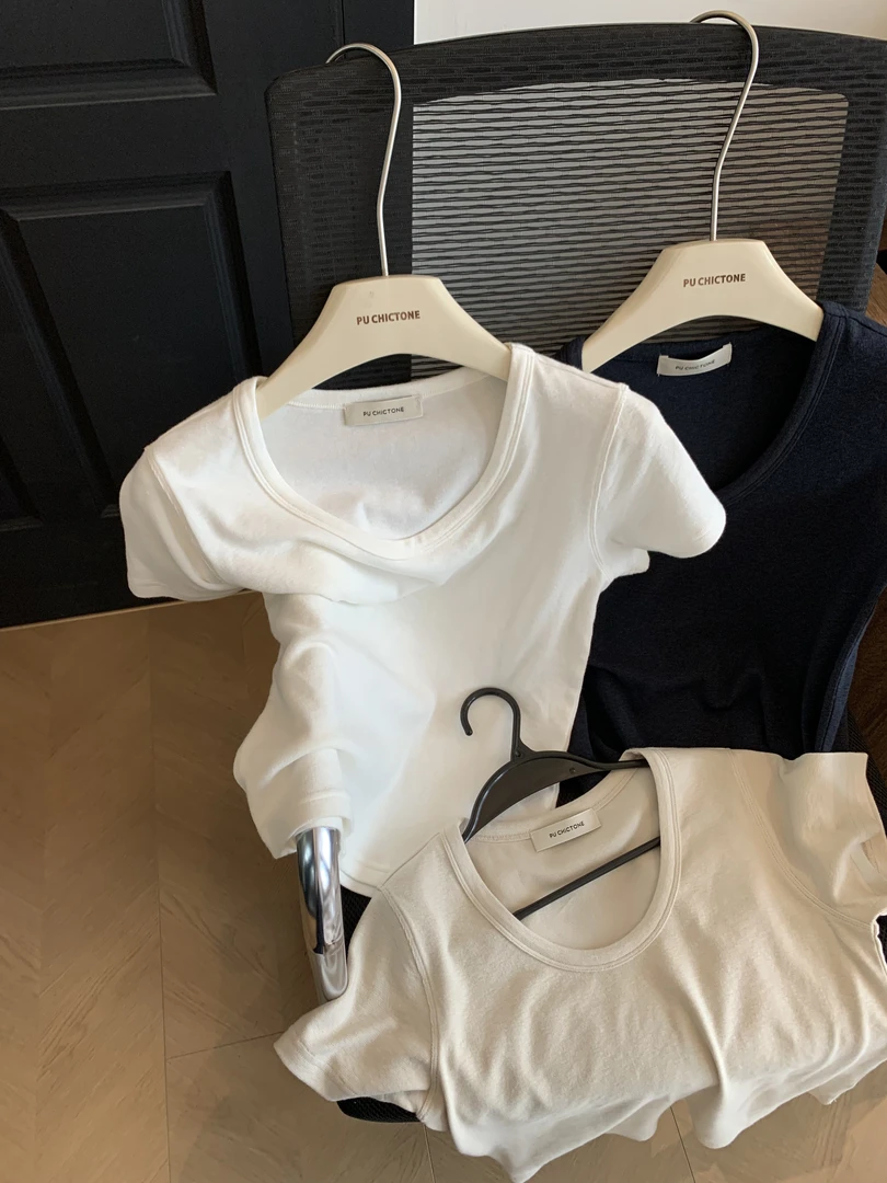 【朴大艺】U然自在 新款韩版慕斯U领短袖T恤显瘦百搭短袖6505